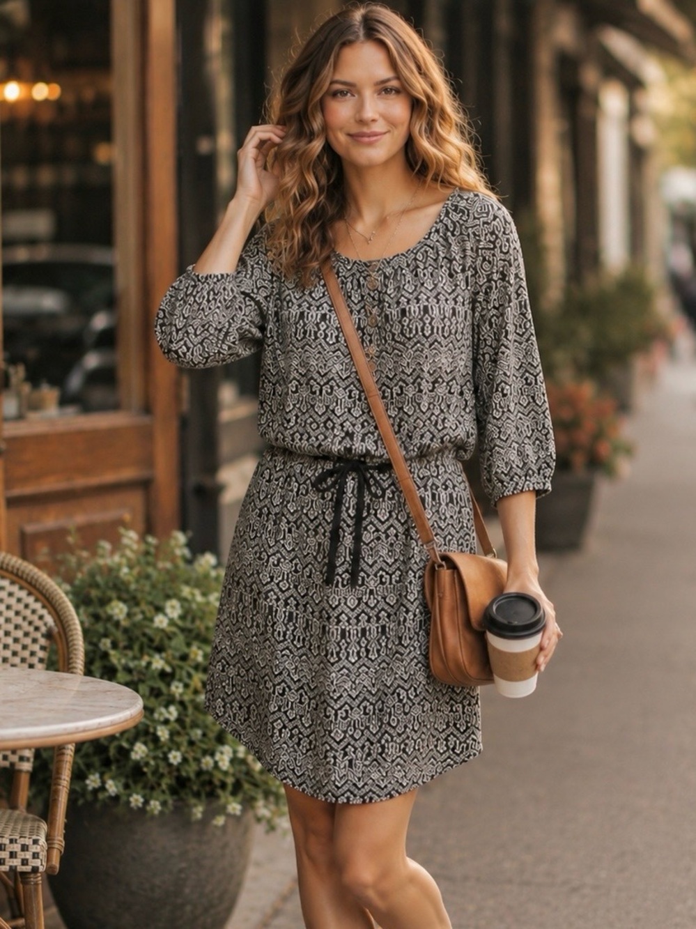 Maison Scotch Geo Print Drawstring Dress Size 2 Black Cream Casual